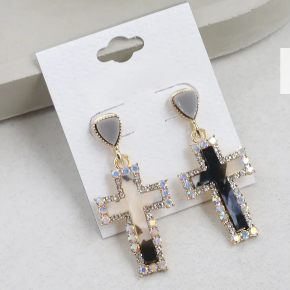 Marble Stone Cross Stud Earrings Gold - New
